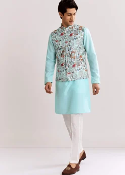 Sky Blue Jacquard Kurta Jacket Set With Animal Print
