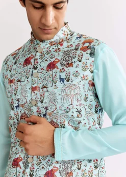 Sky Blue Jacquard Kurta Jacket Set With Animal Print