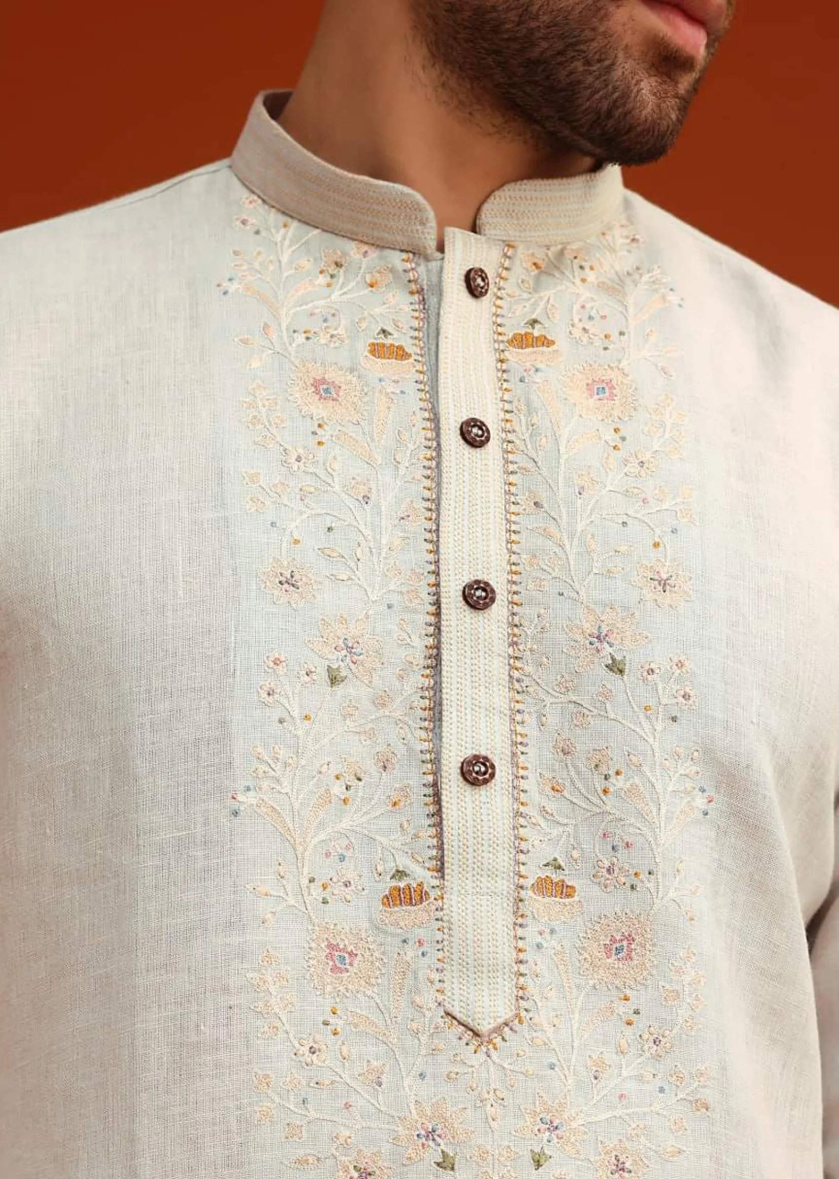 Sky Blue Kurta Set With Floral Thread Embroidery