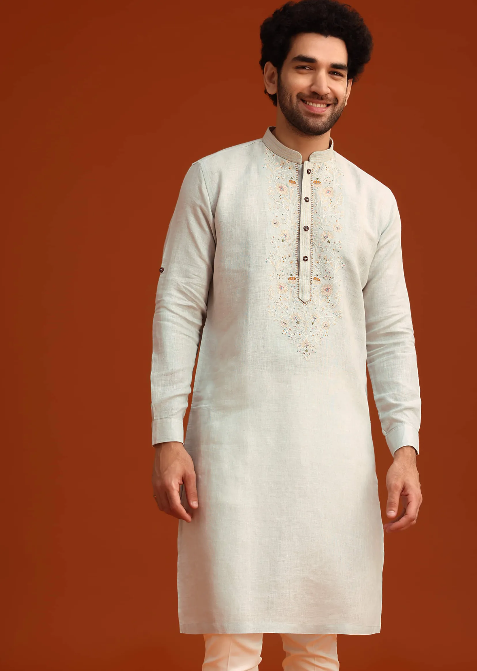 Sky Blue Kurta Set With Floral Thread Embroidery
