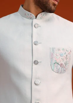 Sky Blue Linen Kurta Jacket Set With Resham Work
