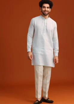 Sky Blue Linen Kurta Jacket Set With Resham Work