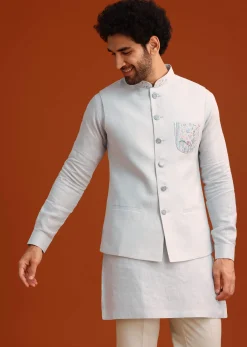 Sky Blue Linen Kurta Jacket Set With Resham Work