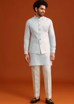 Sky Blue Linen Kurta Jacket Set With Resham Work