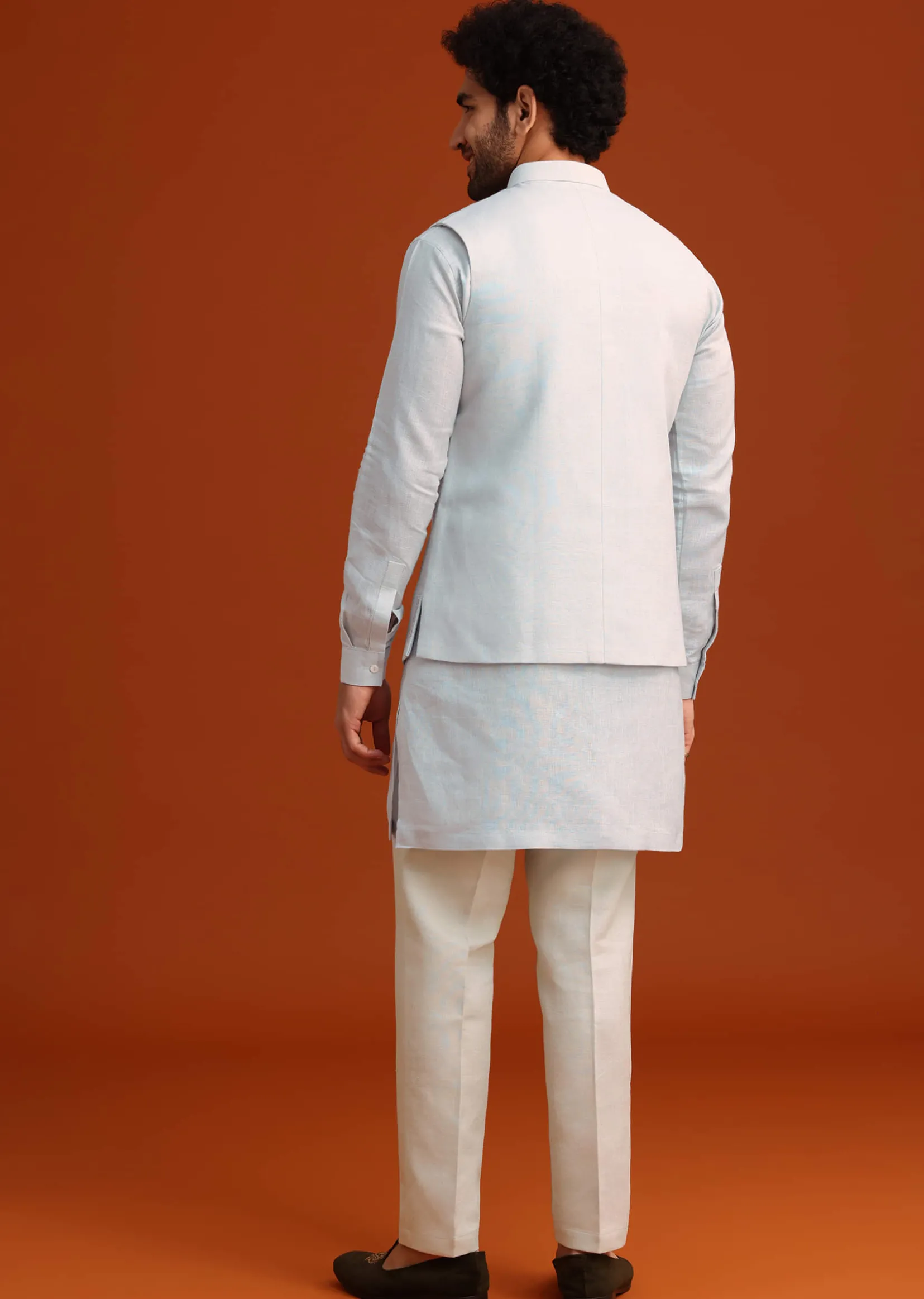 Sky Blue Linen Kurta Jacket Set With Resham Work