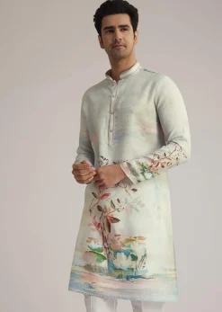 Sky Blue Linen Kurta With Floral Print