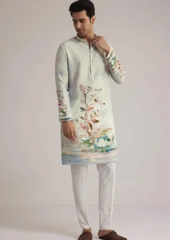 Sky Blue Linen Kurta With Floral Print