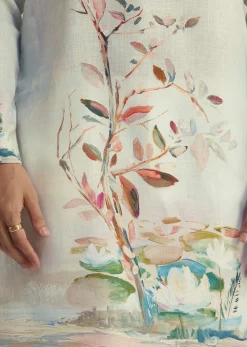 Sky Blue Linen Kurta With Floral Print