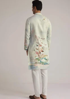 Sky Blue Linen Kurta With Floral Print