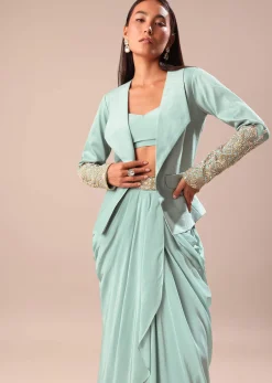 Sky Blue Ombre Draped Skirt With Embroidered Blouse And Jacket