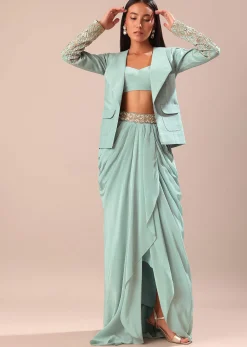 Sky Blue Ombre Draped Skirt With Embroidered Blouse And Jacket