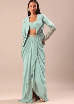 Sky Blue Ombre Draped Skirt With Embroidered Blouse And Jacket