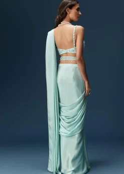 Sky Blue Ready Pleated Saree With Blouse And Belt