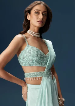 Sky Blue Ready Pleated Saree With Blouse And Belt