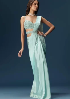 Sky Blue Ready Pleated Saree With Blouse And Belt