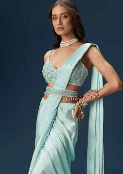 Sky Blue Ready Pleated Saree With Blouse And Belt