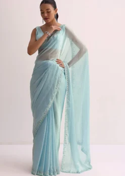 Sky Blue Saree With Cutdana Border And Unstitched Blouse