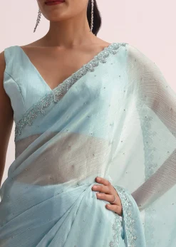 Sky Blue Saree With Cutdana Border And Unstitched Blouse