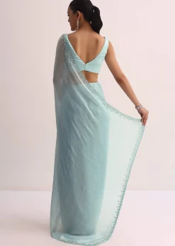 Sky Blue Saree With Cutdana Border And Unstitched Blouse