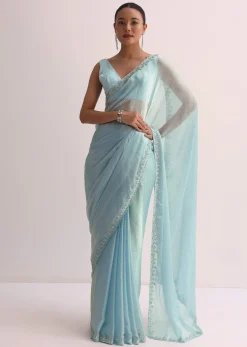 Sky Blue Saree With Cutdana Border And Unstitched Blouse