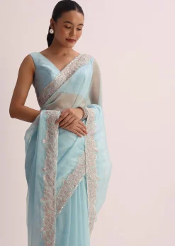 Sky Blue Saree With Resham Threadwork And Unstitched Blouse