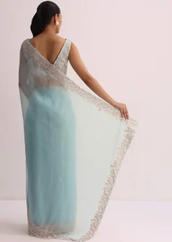 Sky Blue Saree With Resham Threadwork And Unstitched Blouse