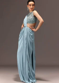Sky Blue Semi Stitched Saree With Embroidered Blouse