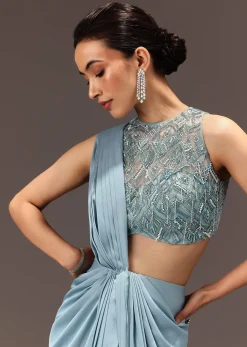 Sky Blue Semi Stitched Saree With Embroidered Blouse