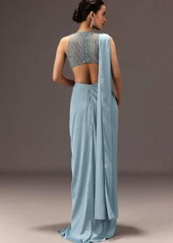 Sky Blue Semi Stitched Saree With Embroidered Blouse