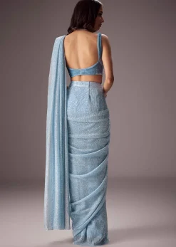 Sky Blue Shimmer Saree Paired With A Sweetheart Velvet Blouse