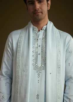 Sky Blue Silk Blend Kurta Set With Mirror Work