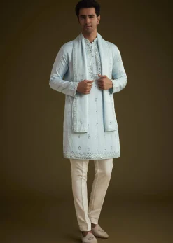 Sky Blue Silk Blend Kurta Set With Mirror Work