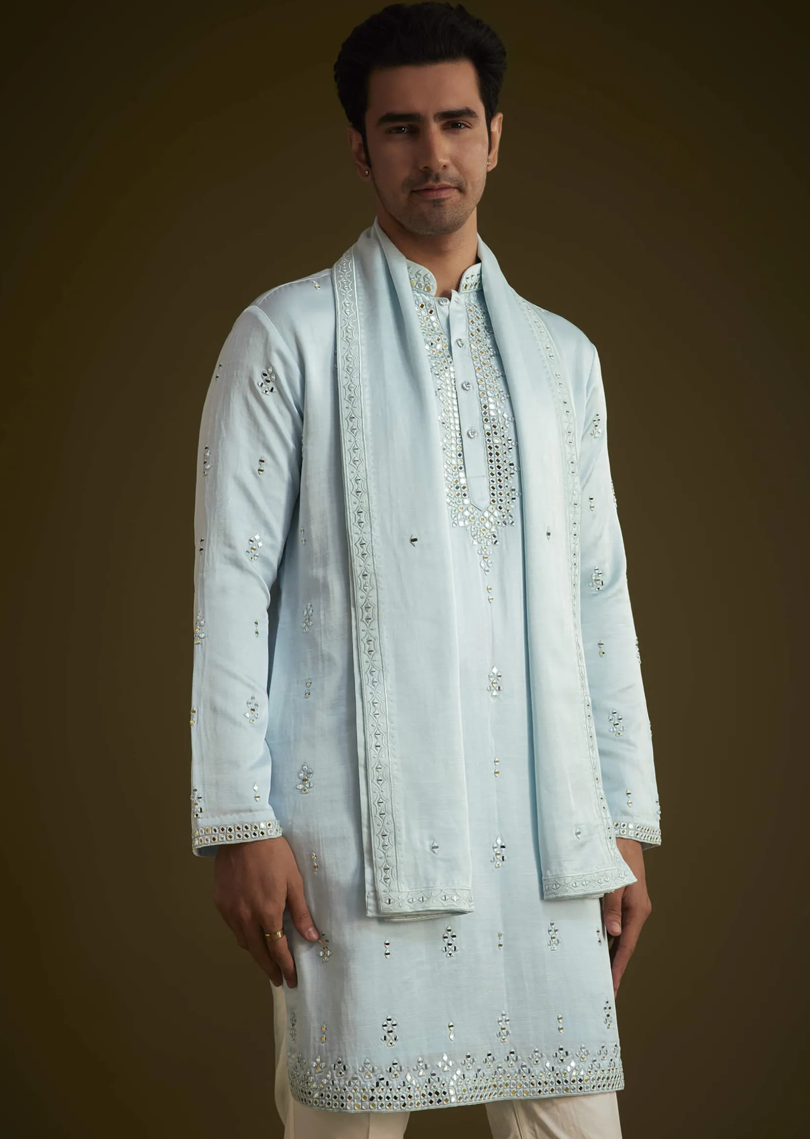 Sky Blue Silk Blend Kurta Set With Mirror Work