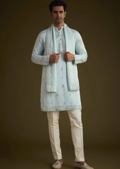 Sky Blue Silk Blend Kurta Set With Mirror Work