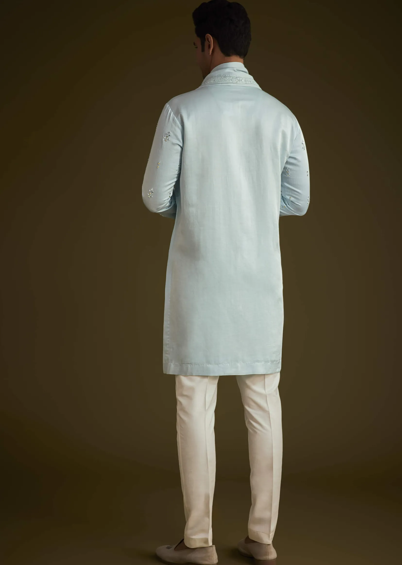 Sky Blue Silk Blend Kurta Set With Mirror Work