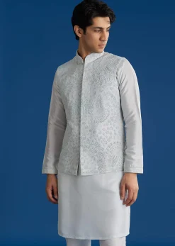 Sky Blue Silk Embroidered Jacket Kurta Set