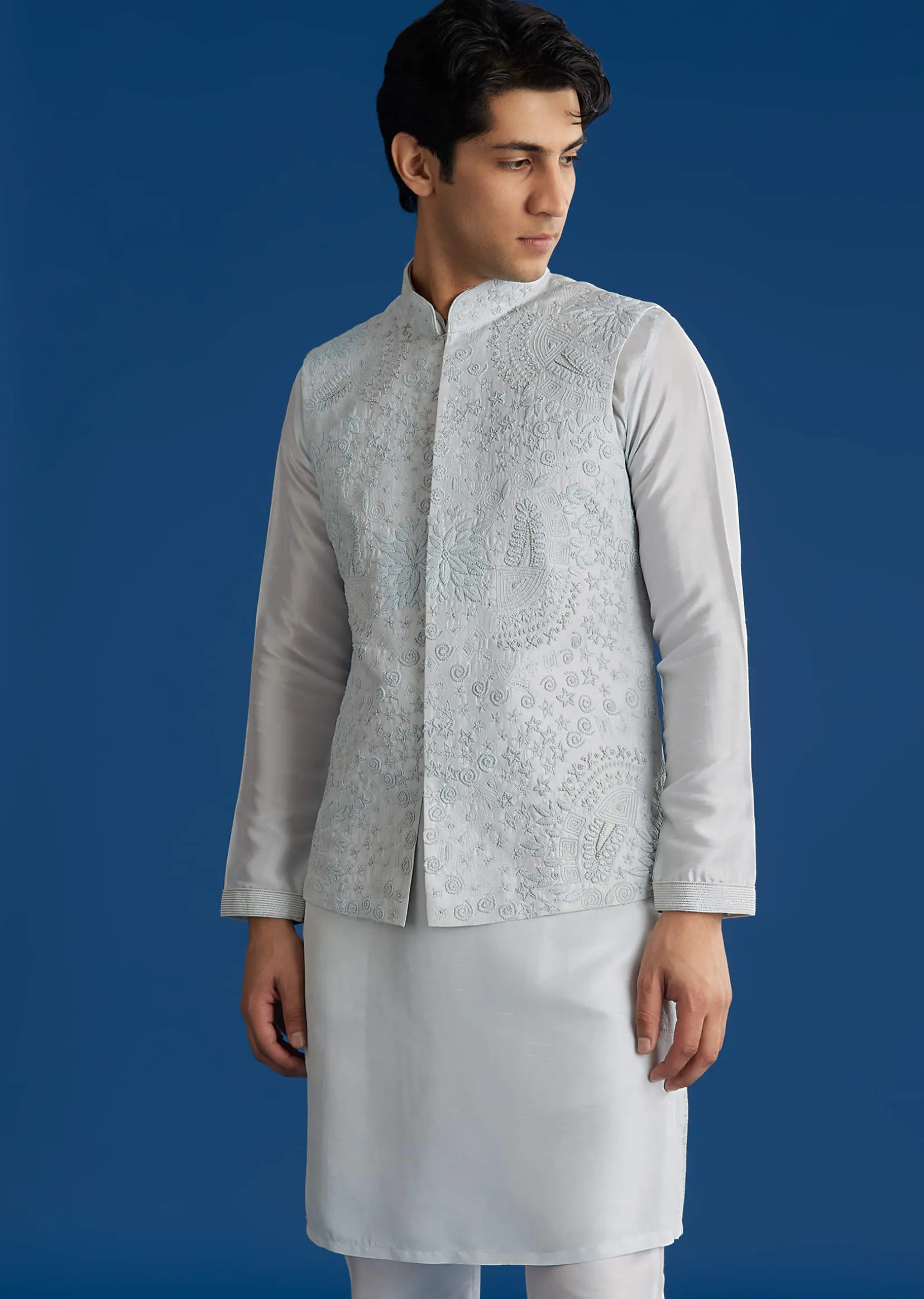Sky Blue Silk Embroidered Jacket Kurta Set