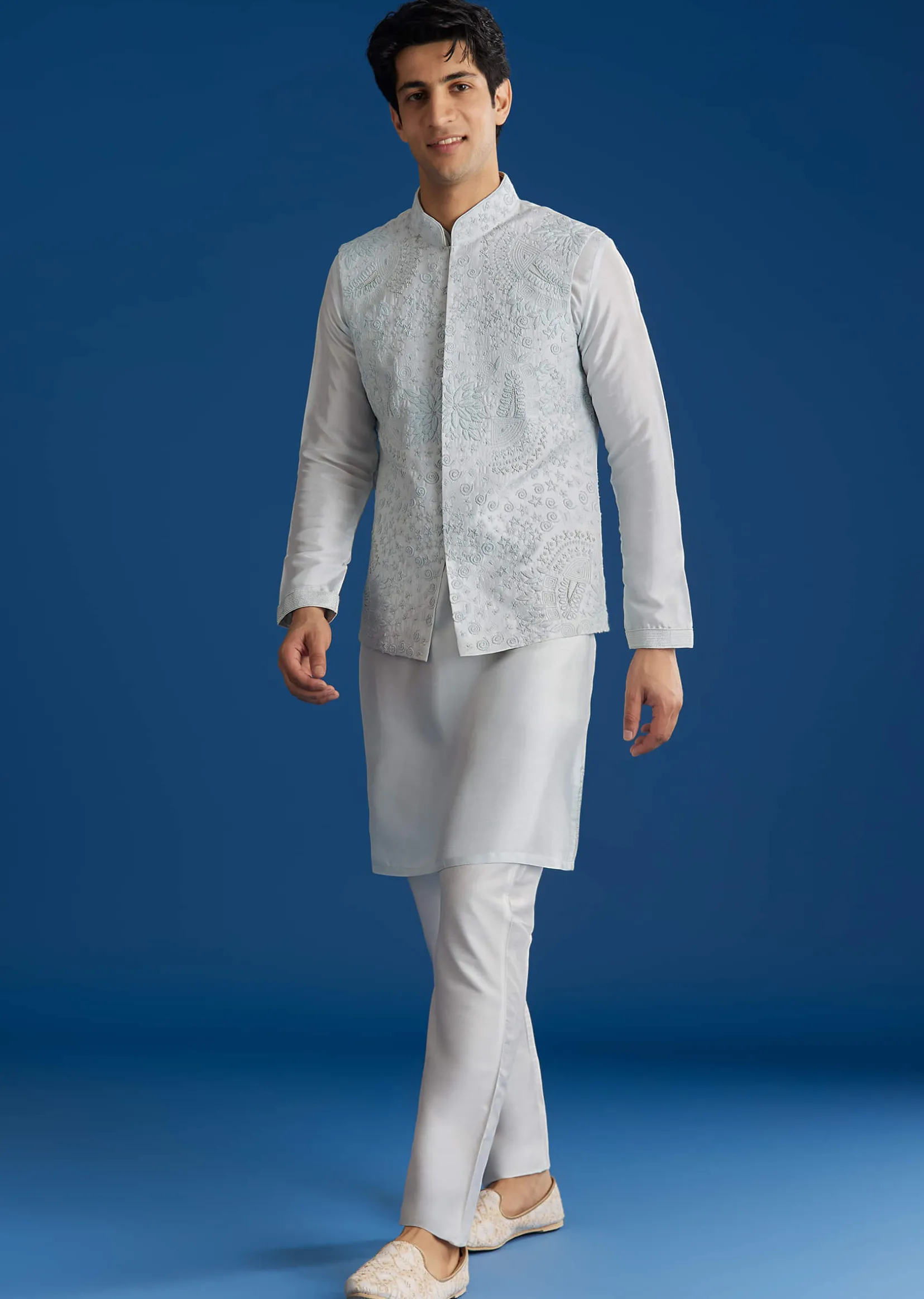 Sky Blue Silk Embroidered Jacket Kurta Set