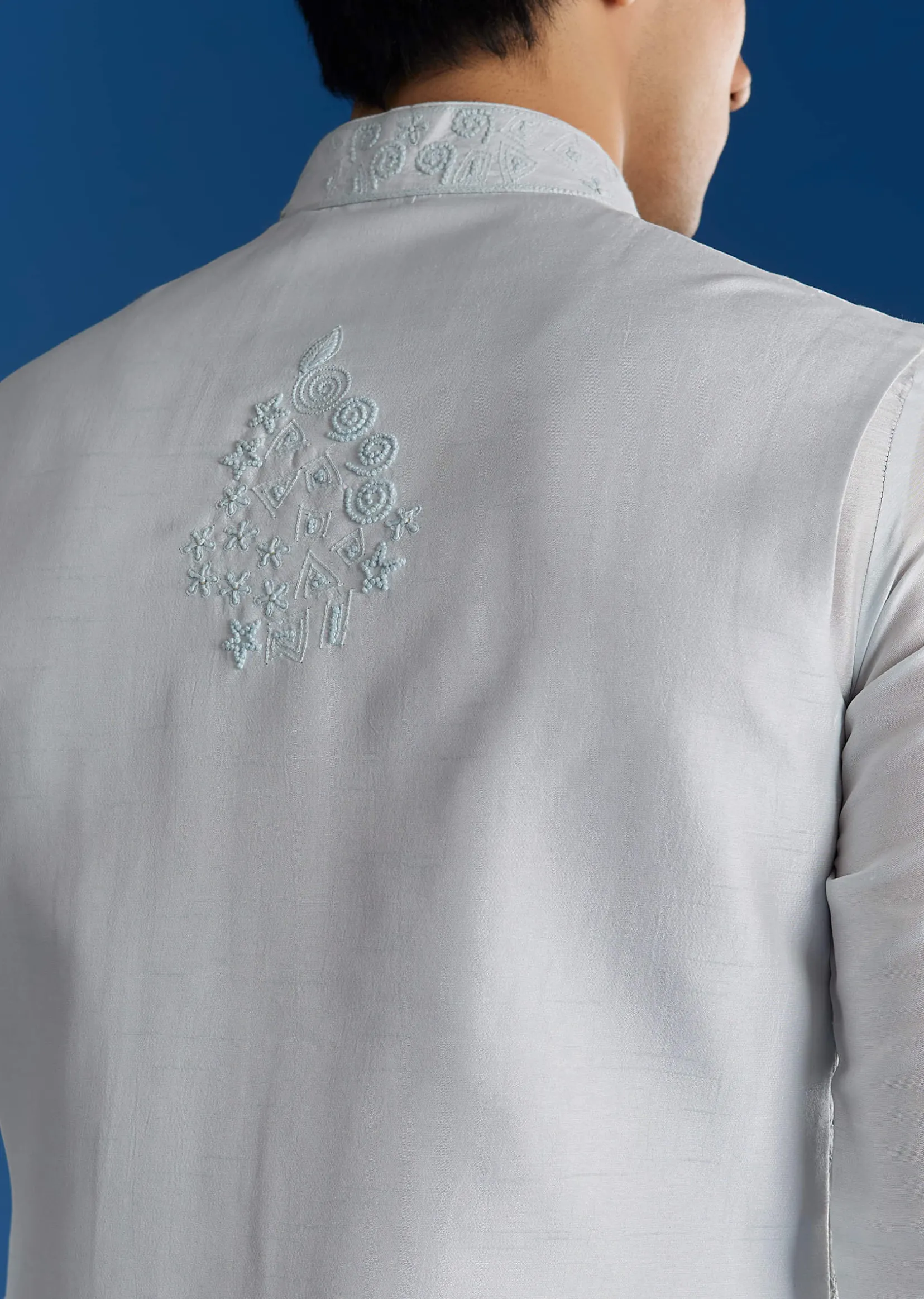 Sky Blue Silk Embroidered Jacket Kurta Set