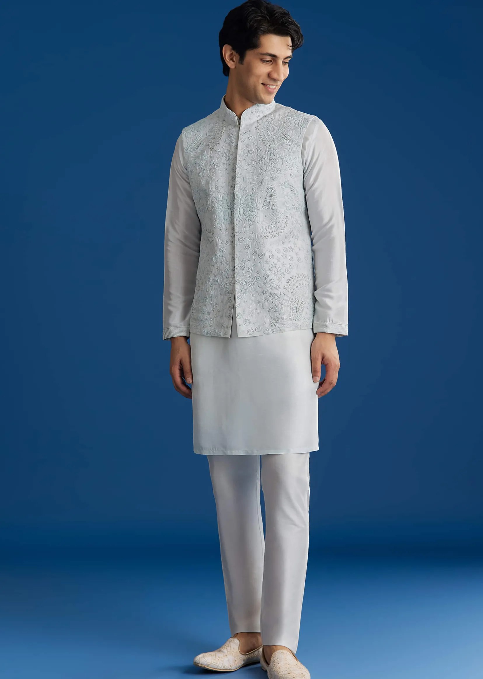 Sky Blue Silk Embroidered Jacket Kurta Set