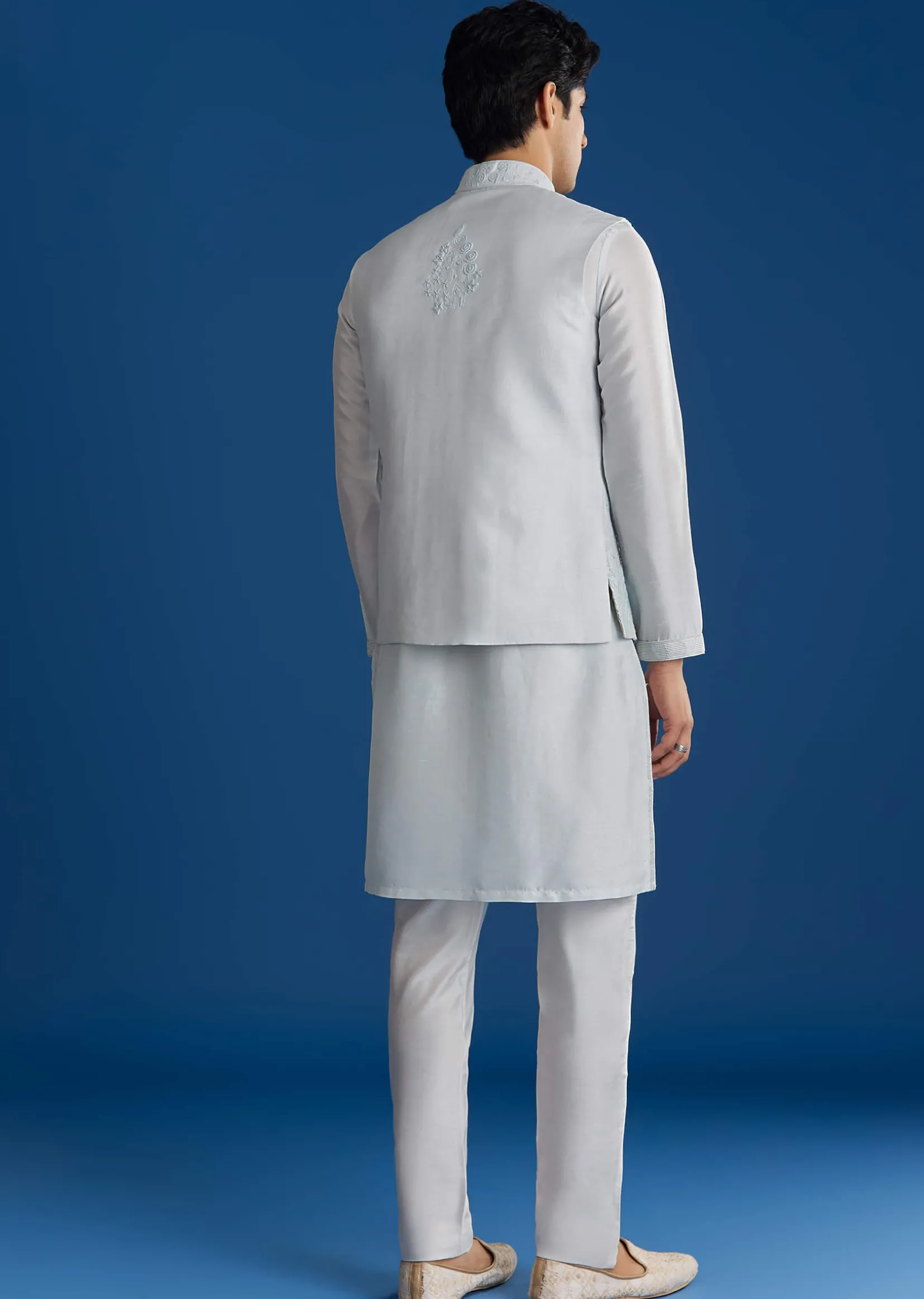 Sky Blue Silk Embroidered Jacket Kurta Set
