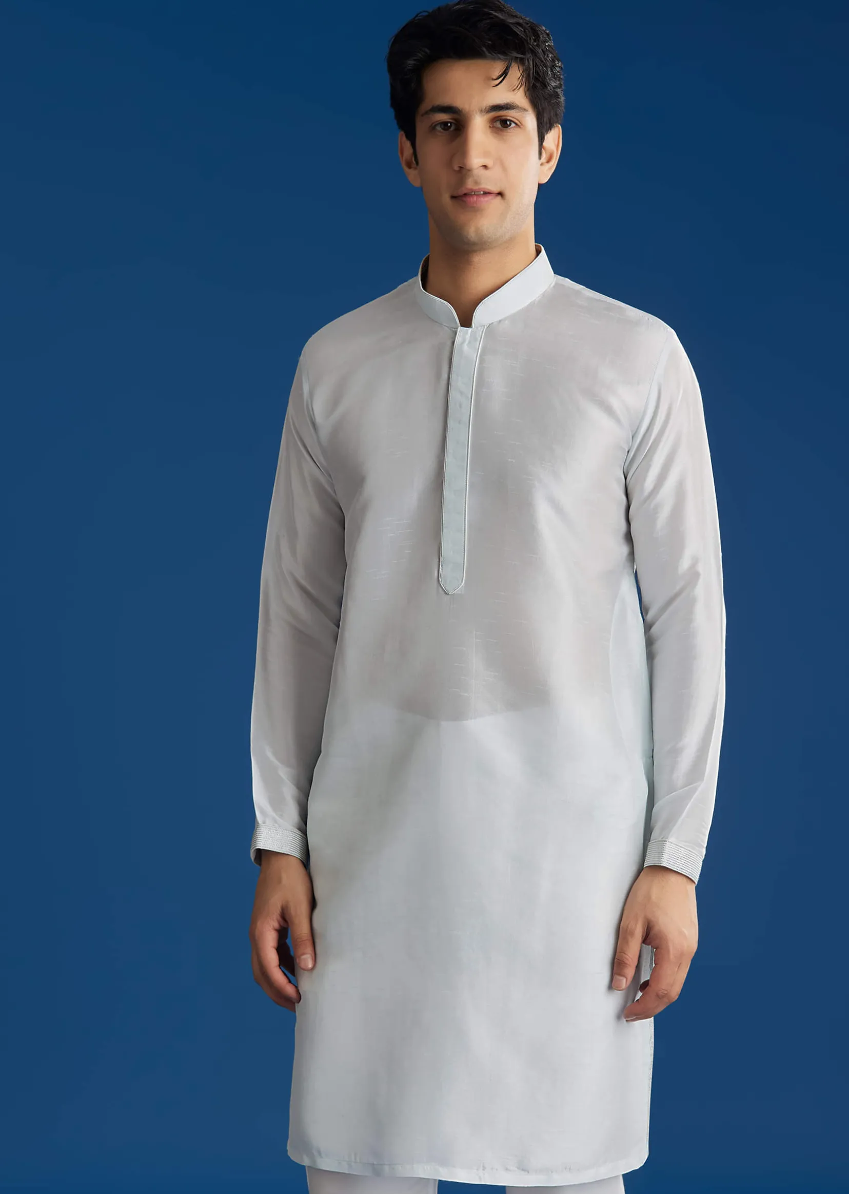 Sky Blue Silk Embroidered Jacket Kurta Set