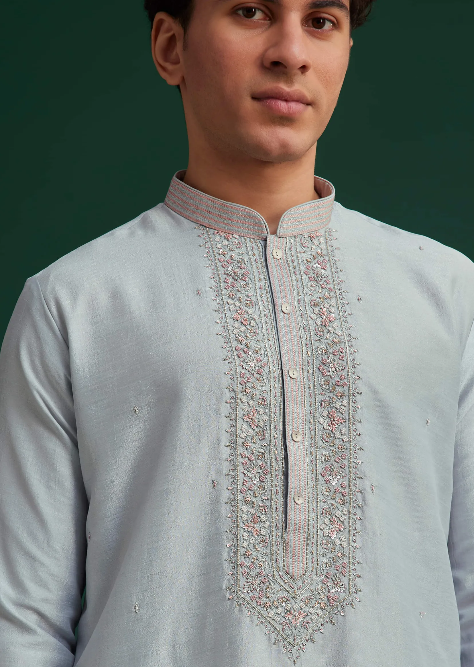 Sky Blue Silk Hand Embroidered Kurta Set