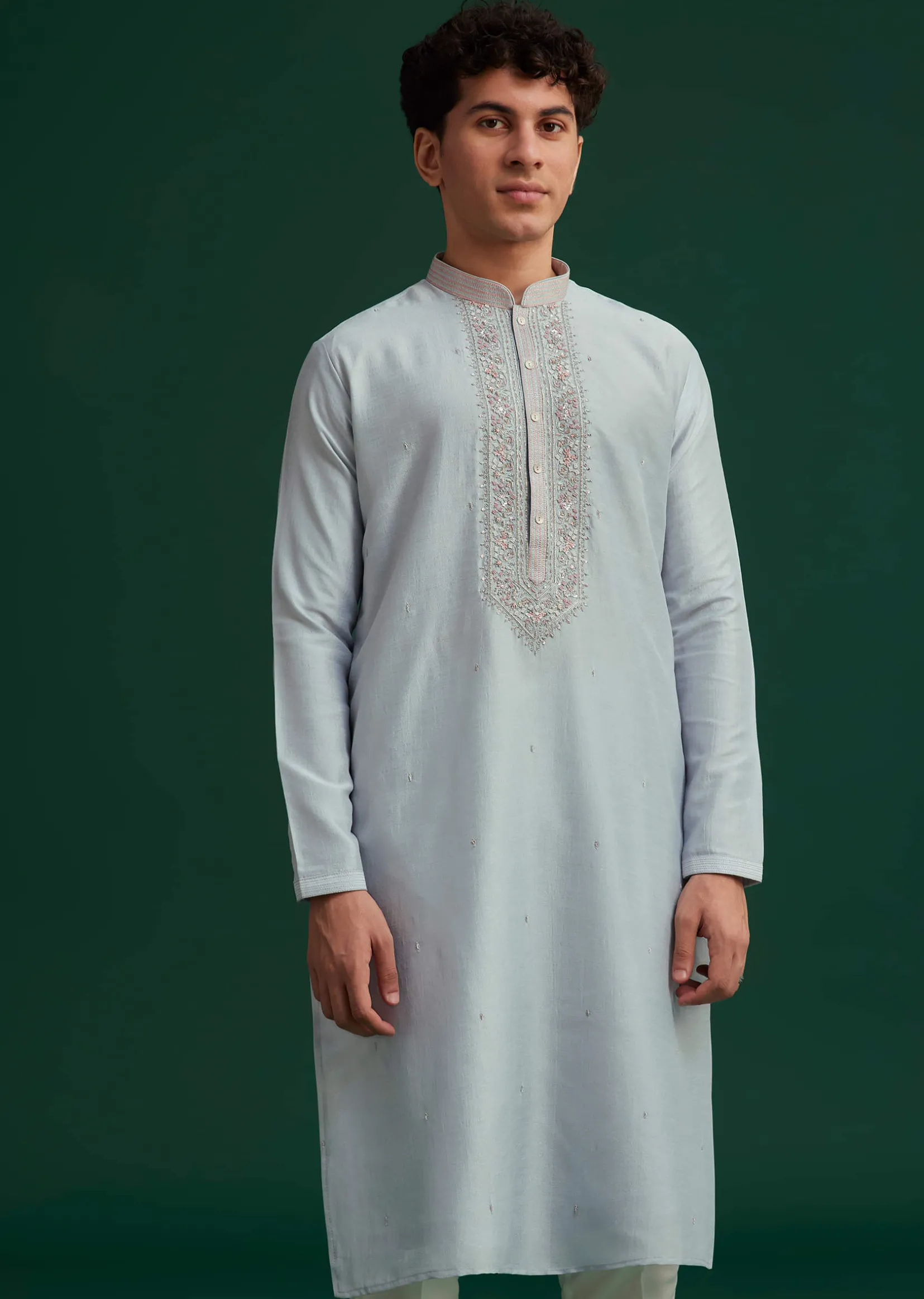 Sky Blue Silk Hand Embroidered Kurta Set