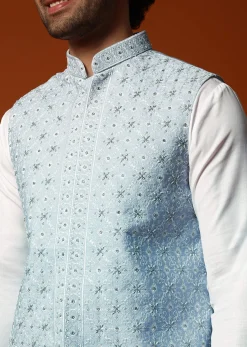 Sky Blue Silk Kurta Jacket Set In Resham Work For Men