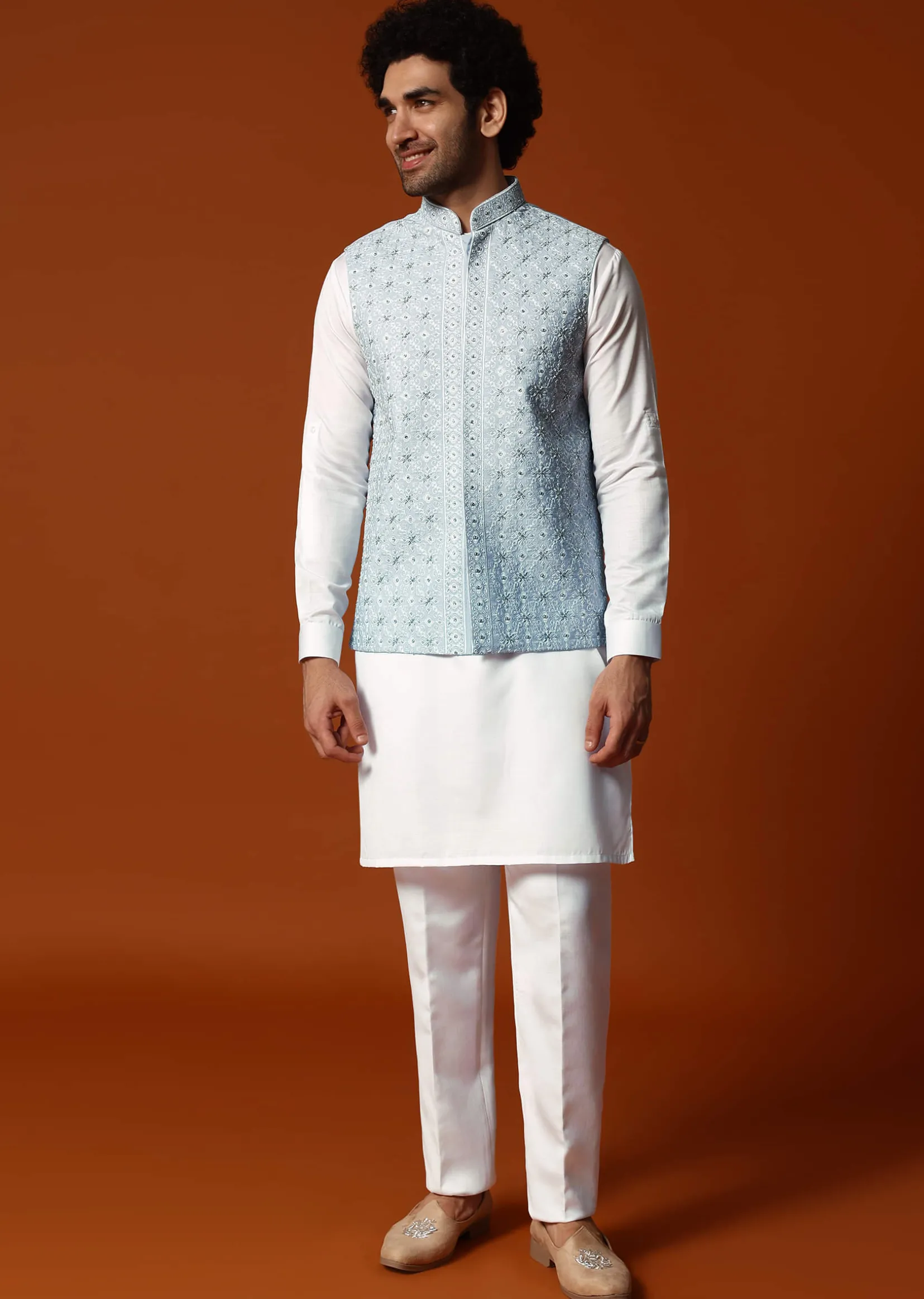 Sky Blue Silk Kurta Jacket Set In Resham Work For Men