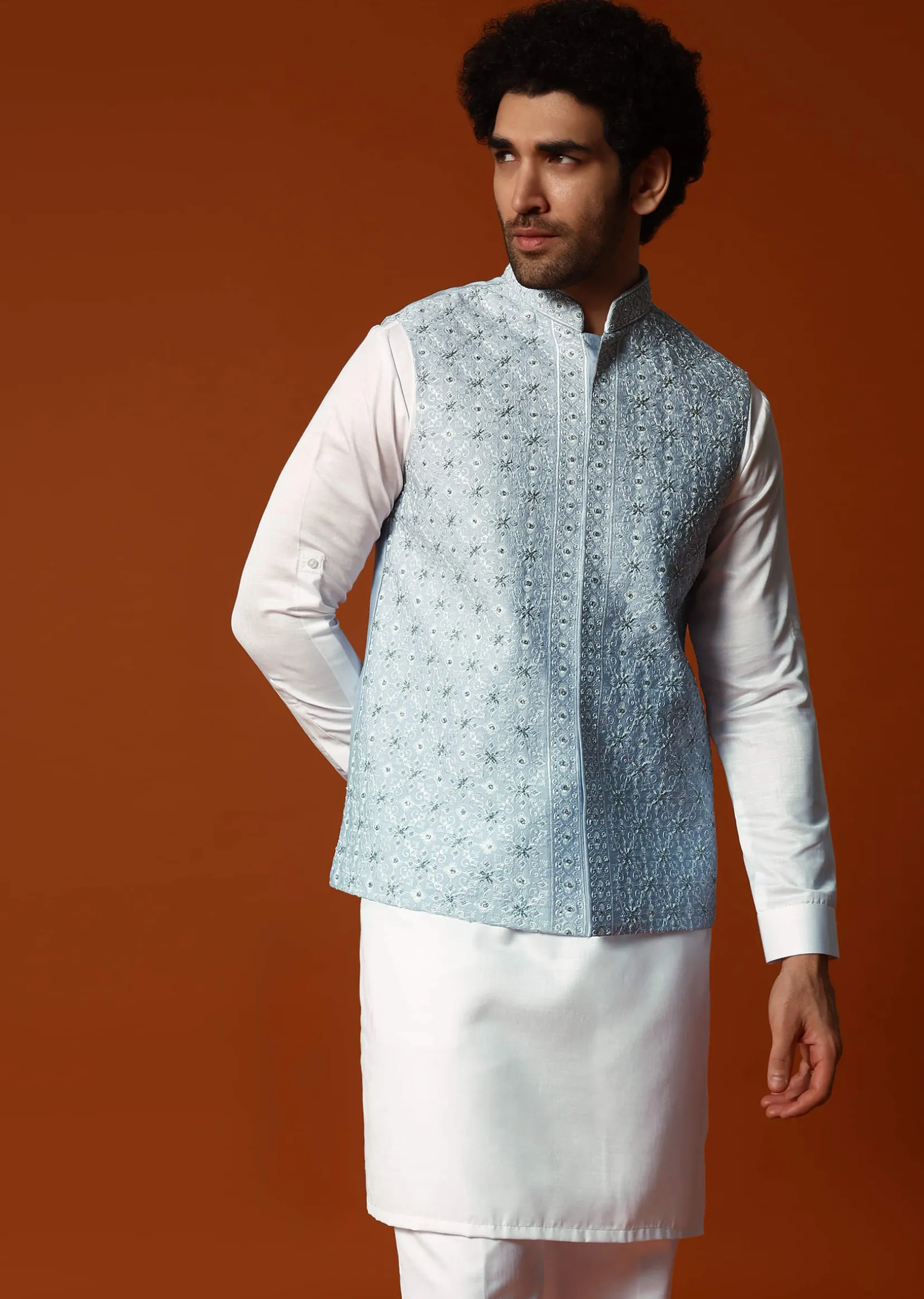 Sky Blue Silk Kurta Jacket Set In Resham Work For Men