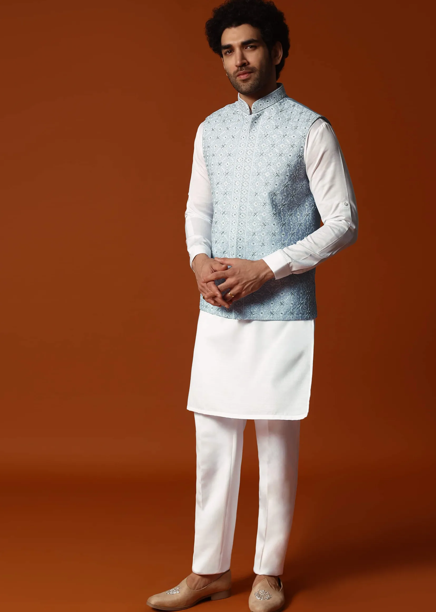 Sky Blue Silk Kurta Jacket Set In Resham Work For Men