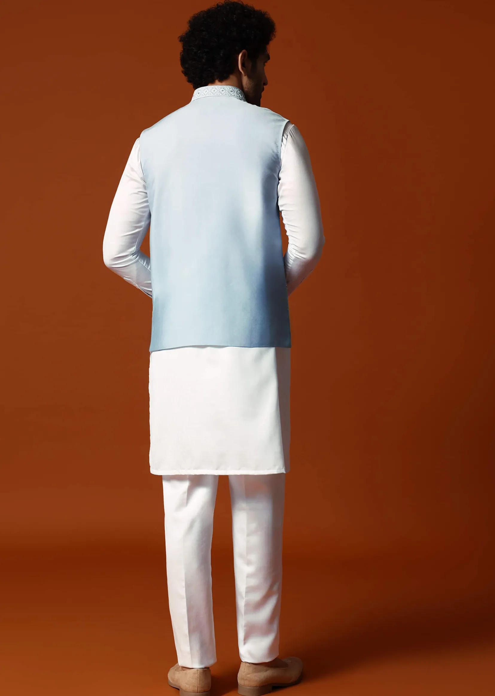 Sky Blue Silk Kurta Jacket Set In Resham Work For Men
