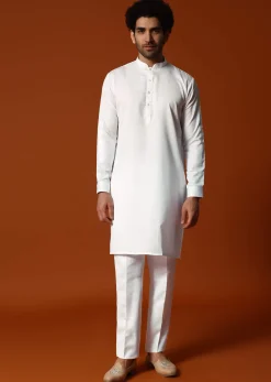 Sky Blue Silk Kurta Jacket Set In Resham Work For Men